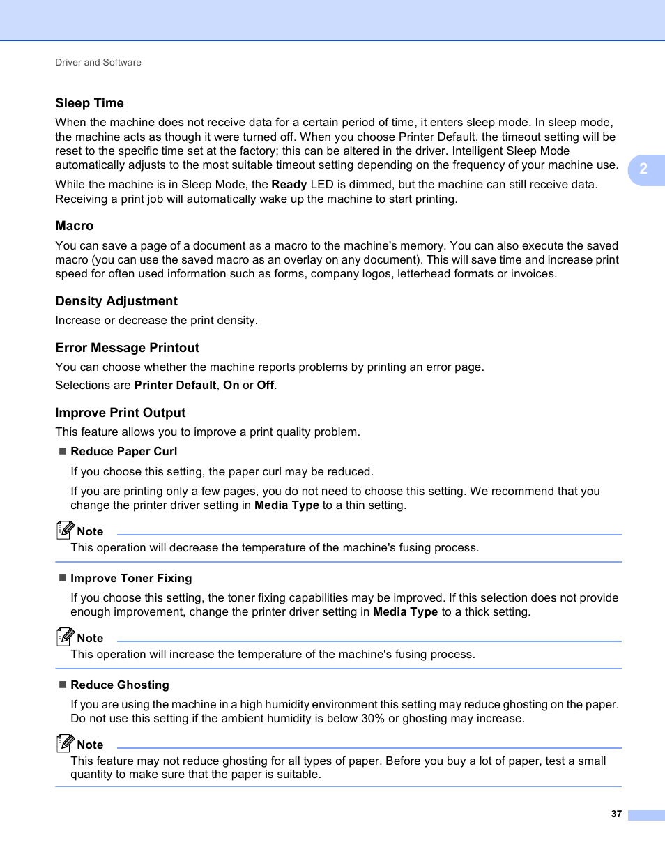 Sleep time, Macro, Density adjustment | Error message printout, Improve print output | Brother HL-5450DNT User Manual | Page 43 / 167