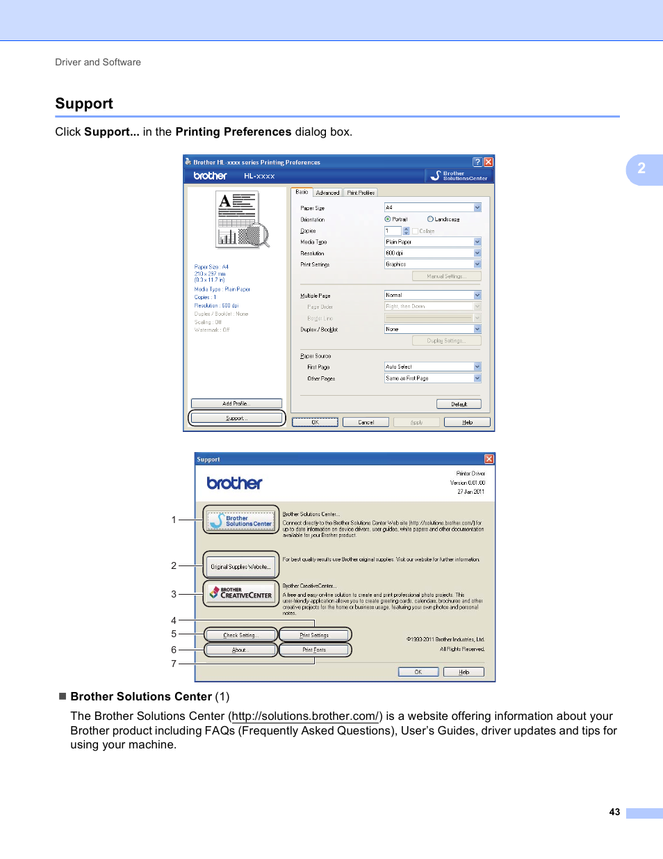 Support, 2support | Brother HL-5450DNT User Manual | Page 49 / 167