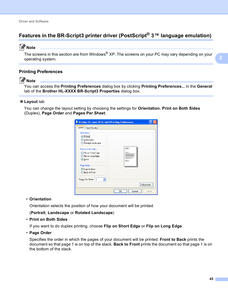 Printing preferences, 3™ language emulation) | Brother HL-5450DNT User Manual | Page 51 / 167