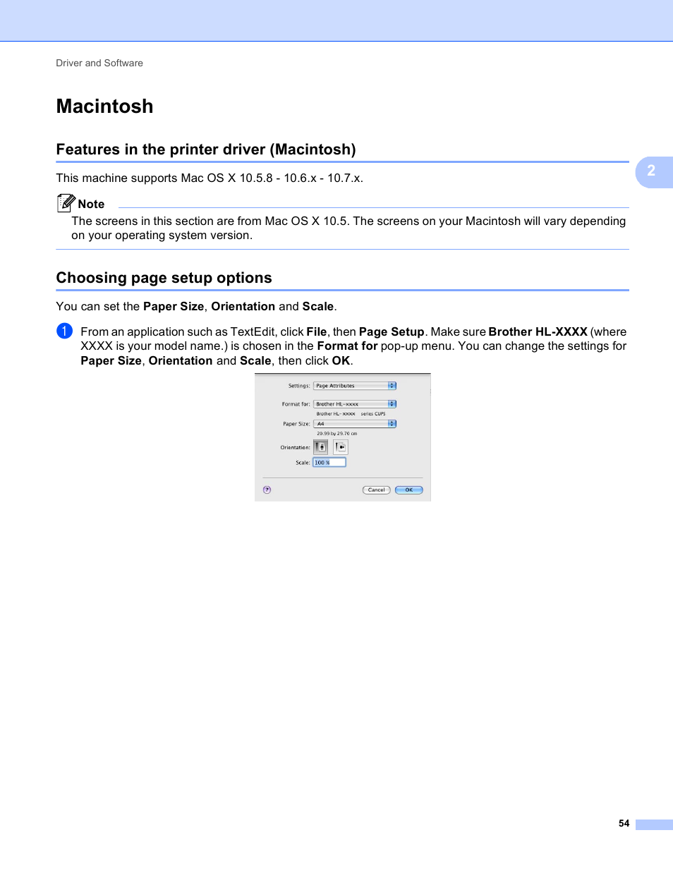 Macintosh, Features in the printer driver (macintosh), Choosing page setup options | Brother HL-5450DNT User Manual | Page 60 / 167