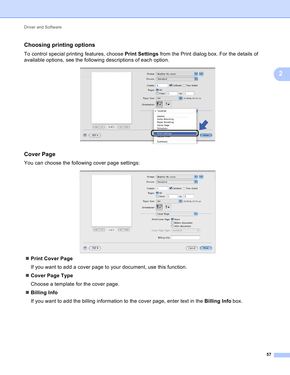 Choosing printing options, Cover page | Brother HL-5450DNT User Manual | Page 63 / 167