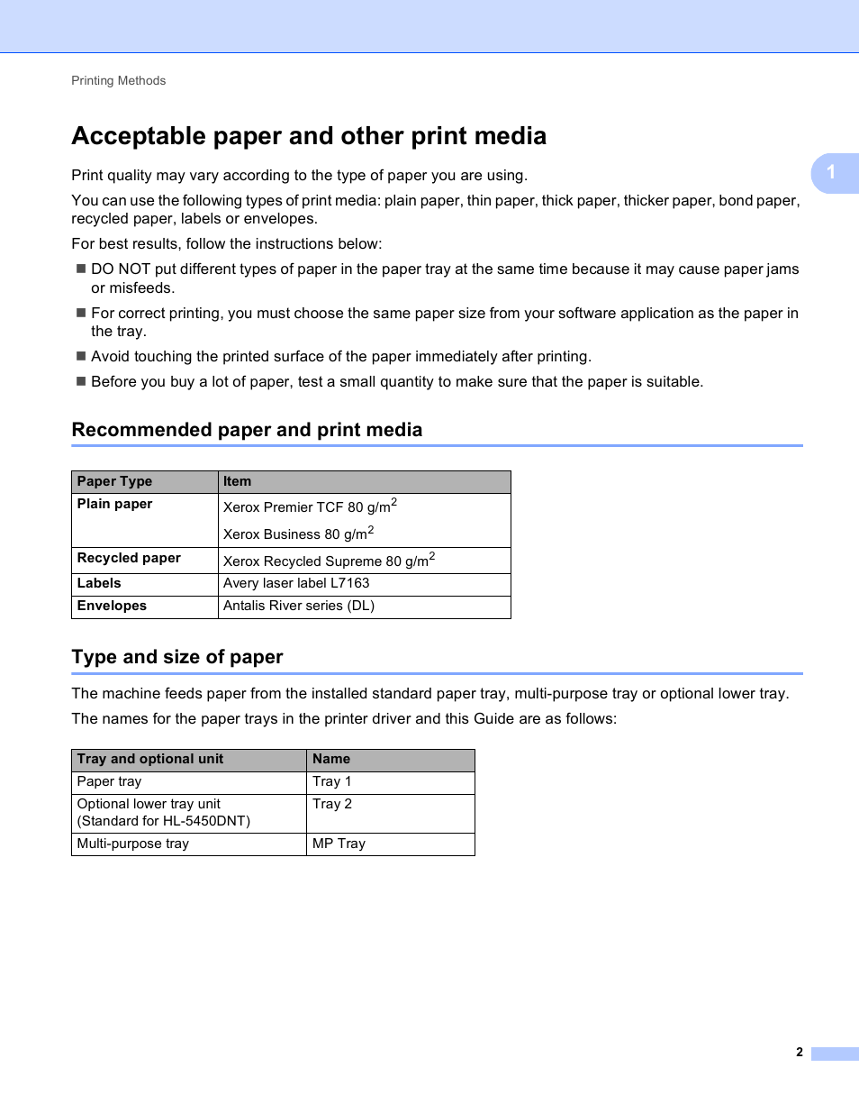 Acceptable paper and other print media, Recommended paper and print media, Type and size of paper | Brother HL-5450DNT User Manual | Page 8 / 167