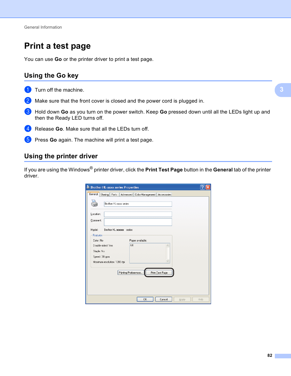 Using the go key, Using the printer driver, Using the go key using the printer driver | Print a test page | Brother HL-5450DNT User Manual | Page 88 / 167