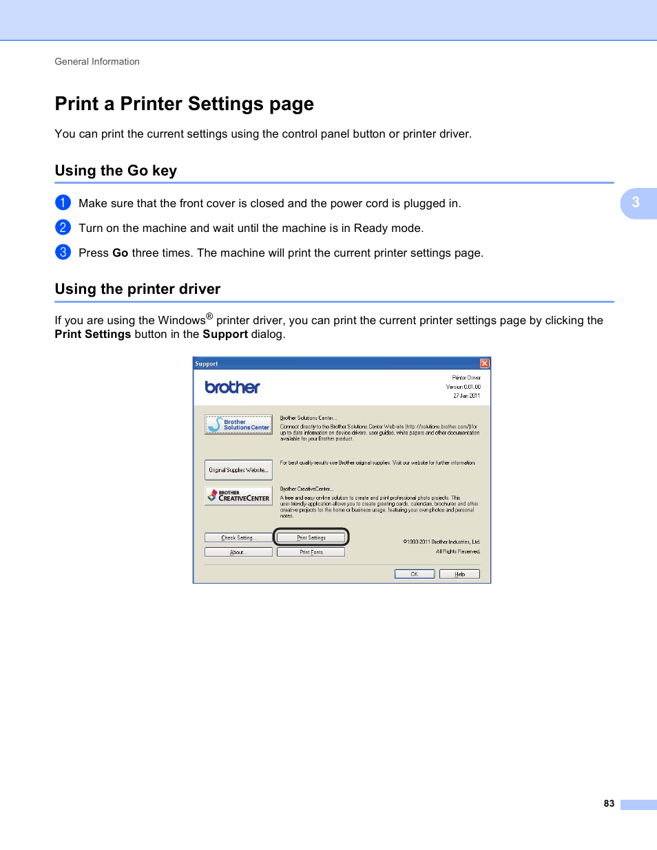 Using the go key, Using the printer driver, Using the go key using the printer driver | Print a printer settings page | Brother HL-5450DNT User Manual | Page 89 / 167