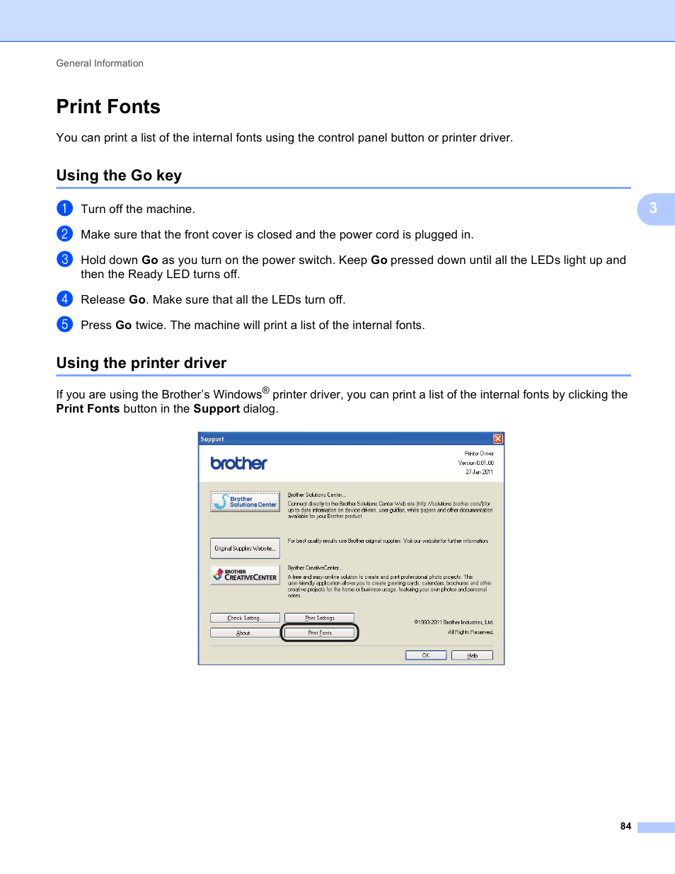 Print fonts, Using the go key, Using the printer driver | Using the go key using the printer driver | Brother HL-5450DNT User Manual | Page 90 / 167
