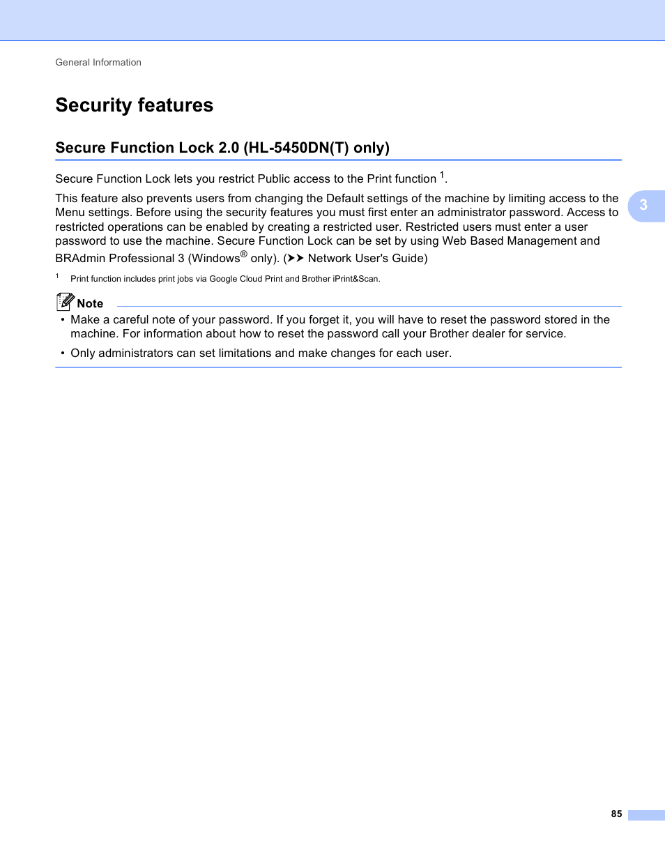 Security features, Secure function lock 2.0 (hl-5450dn(t) only) | Brother HL-5450DNT User Manual | Page 91 / 167
