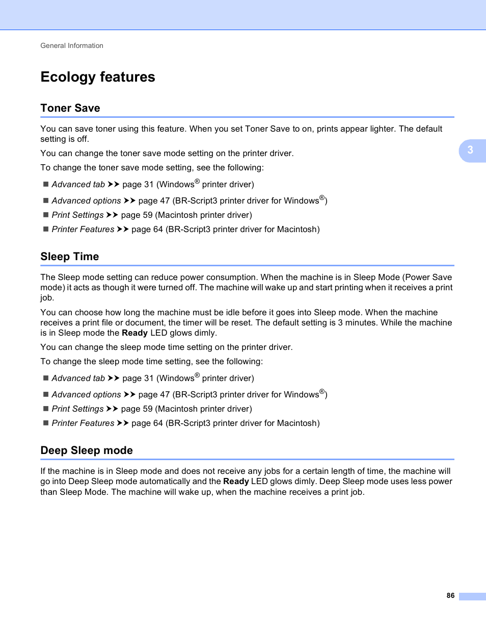 Ecology features, Toner save, Sleep time | Deep sleep mode, Toner save sleep time deep sleep mode | Brother HL-5450DNT User Manual | Page 92 / 167