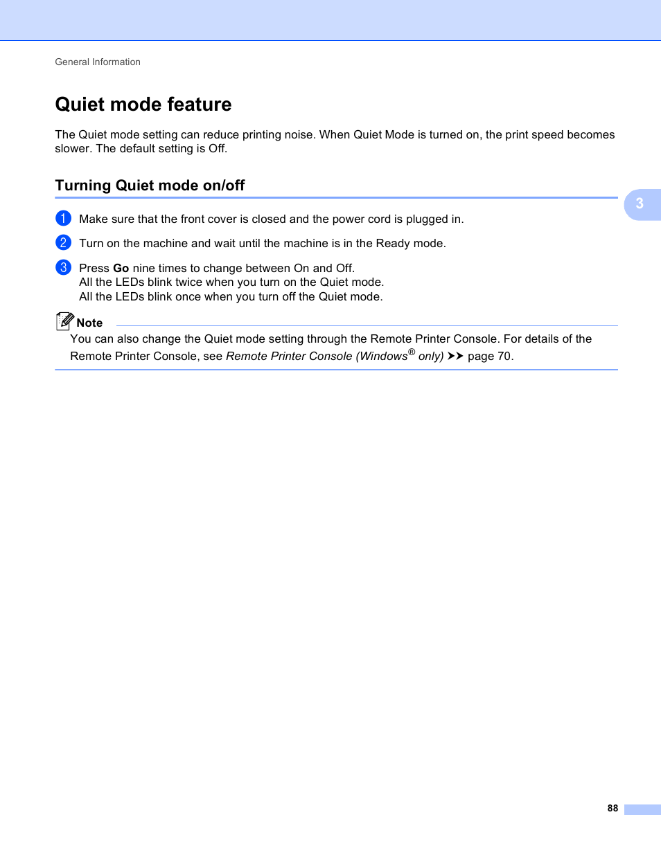 Quiet mode feature, Turning quiet mode on/off | Brother HL-5450DNT User Manual | Page 94 / 167