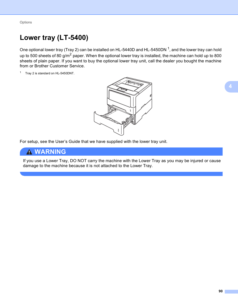 Lower tray (lt-5400), Ee lower tray (lt-5400) uu, Warning | Brother HL-5450DNT User Manual | Page 96 / 167