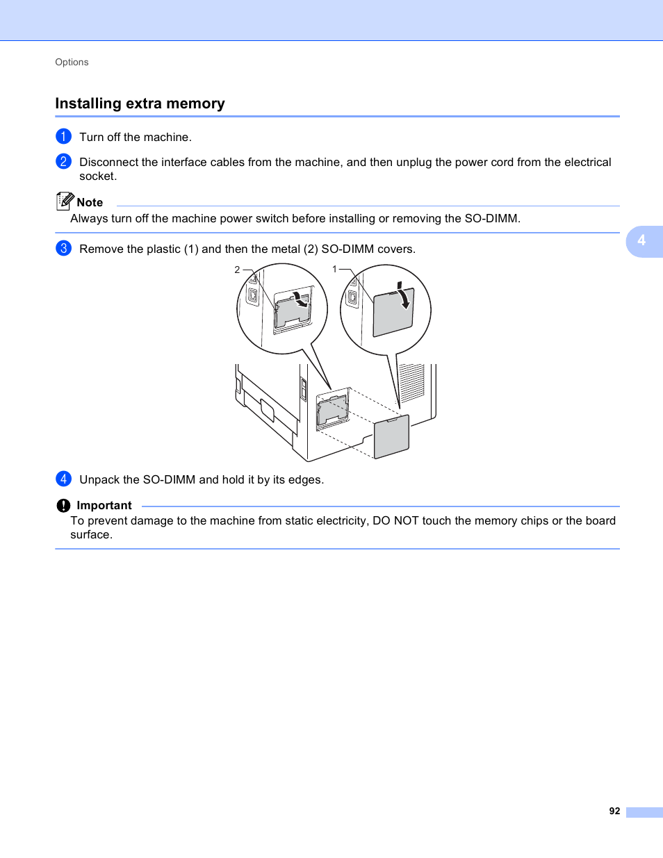 Installing extra memory | Brother HL-5450DNT User Manual | Page 98 / 167