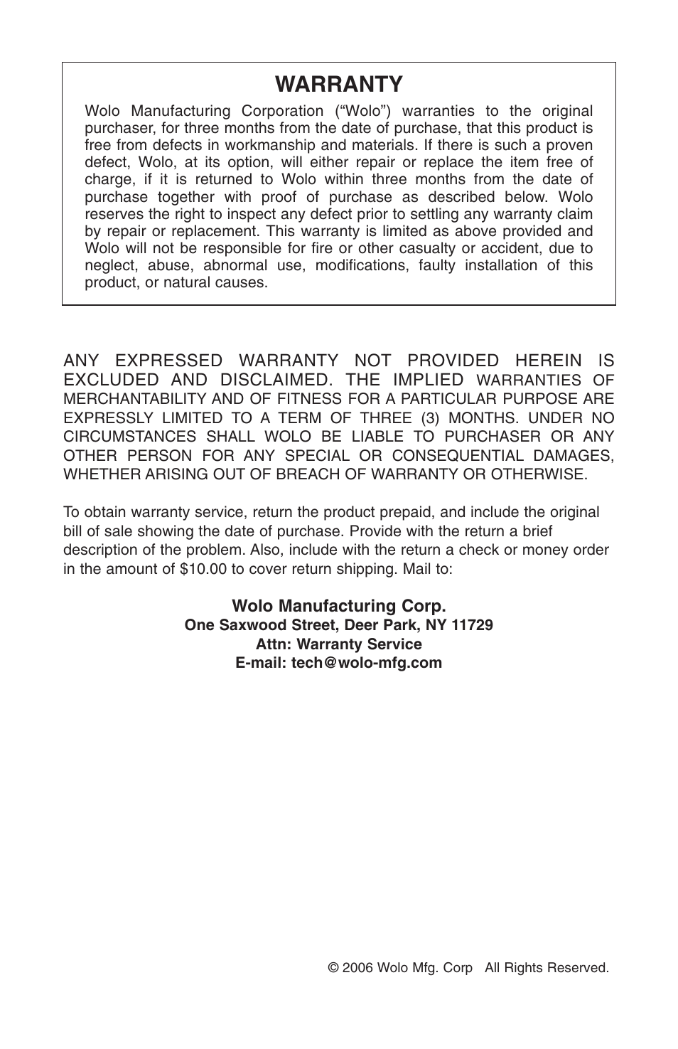 Warranty | Wolo 815 Challenger User Manual | Page 4 / 4