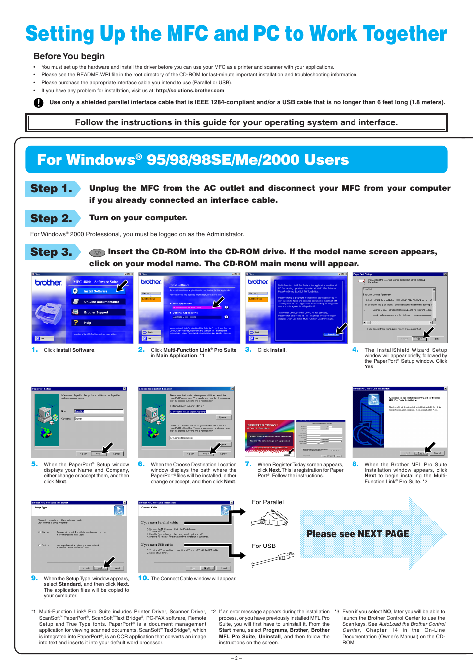 Setting up the mfc and pc to work together, For windows, Step 1 | Step 2, Step 3, Please see next page, Before you begin | Brother MFC-4800 User Manual | Page 2 / 4