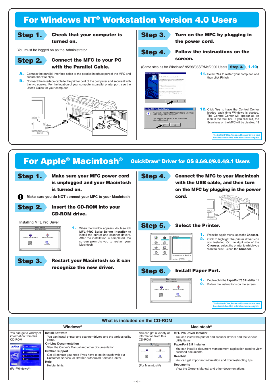 For windows nt, Workstation version 4.0 users, For apple | Macintosh, Step 1, Step 2, Step 3, Step 4, Step 5, Step 6 | Brother MFC-4800 User Manual | Page 4 / 4