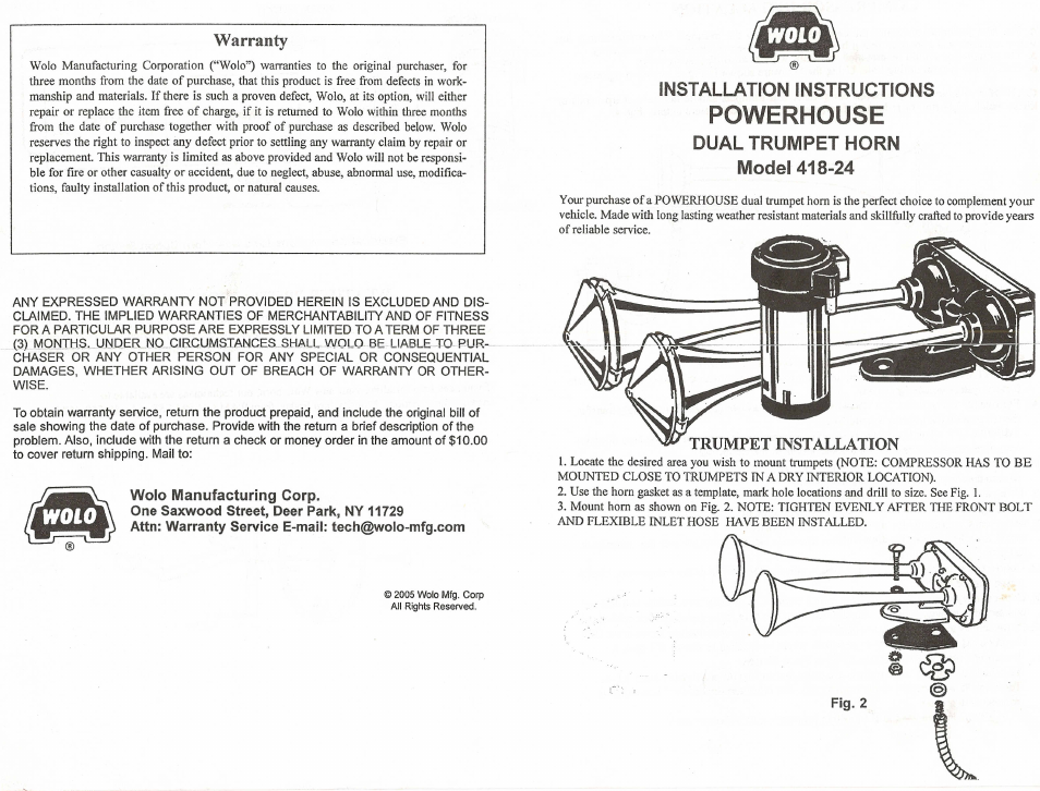 Wolo 418-24 Powerhouse User Manual | 2 pages