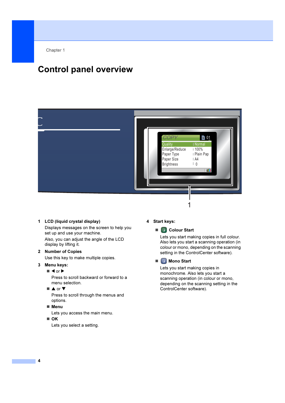 Control panel overview | Brother DCP-540CN User Manual | Page 10 / 105