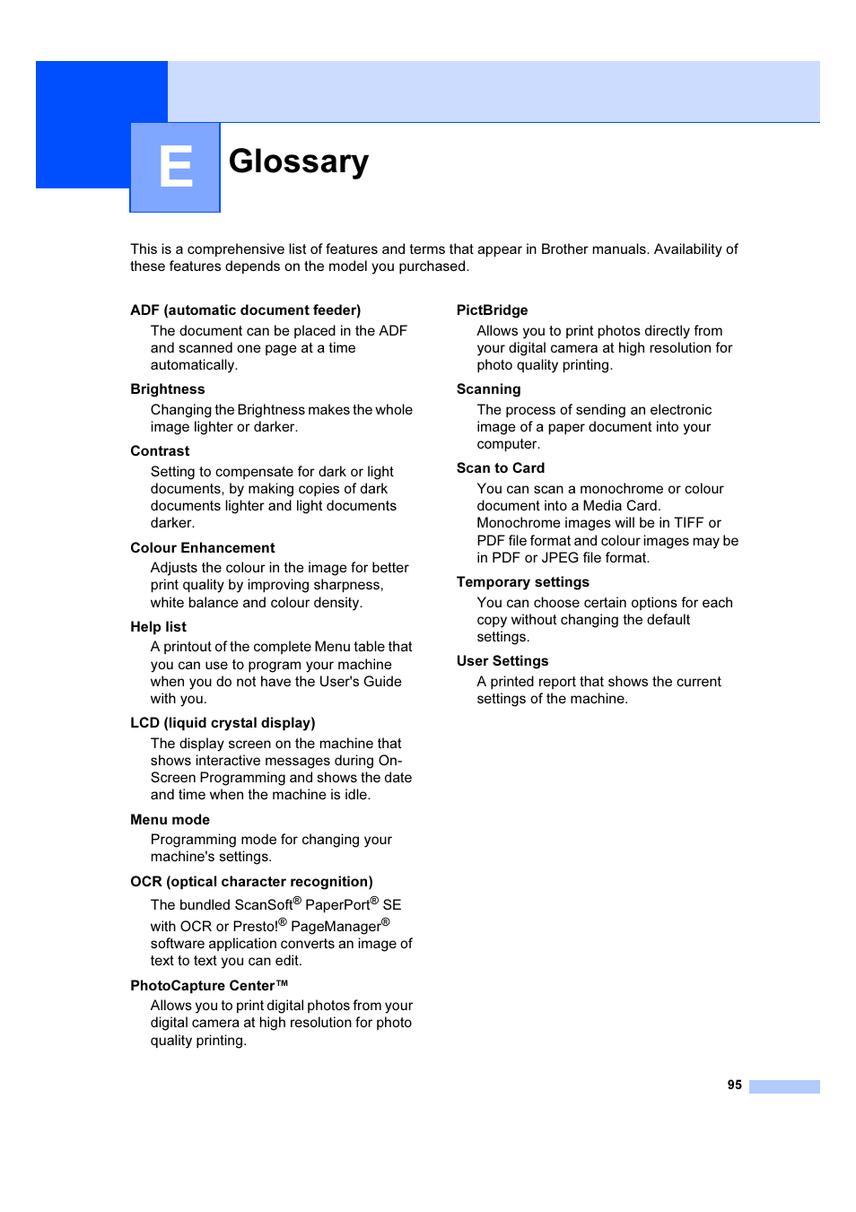 E glossary, Glossary | Brother DCP-540CN User Manual | Page 101 / 105