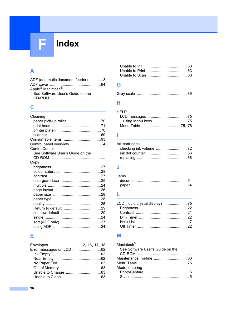 F index, Lndex, Index | Brother DCP-540CN User Manual | Page 102 / 105