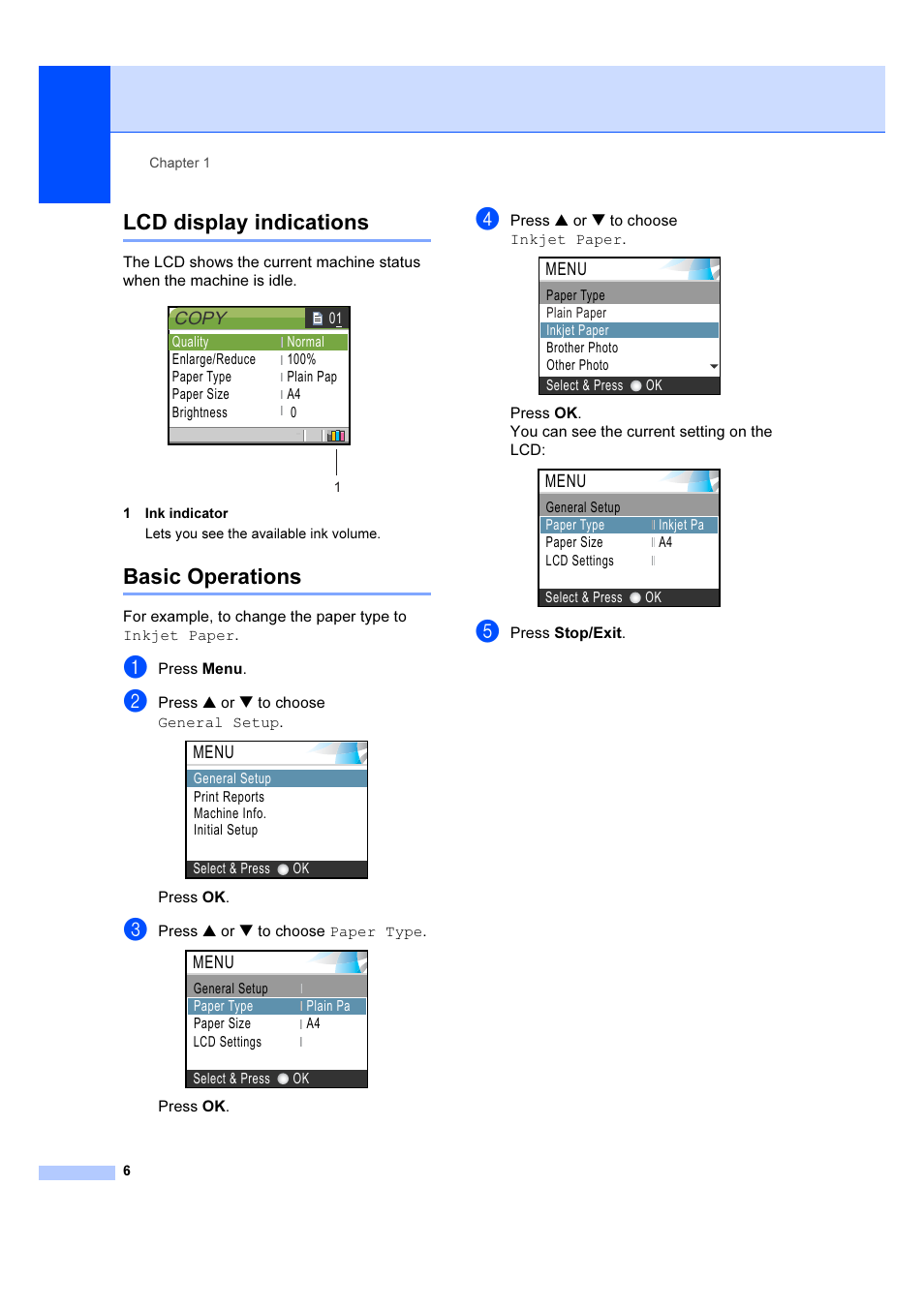 Lcd display indications, Basic operations, Lcd display indications basic operations | Brother DCP-540CN User Manual | Page 12 / 105