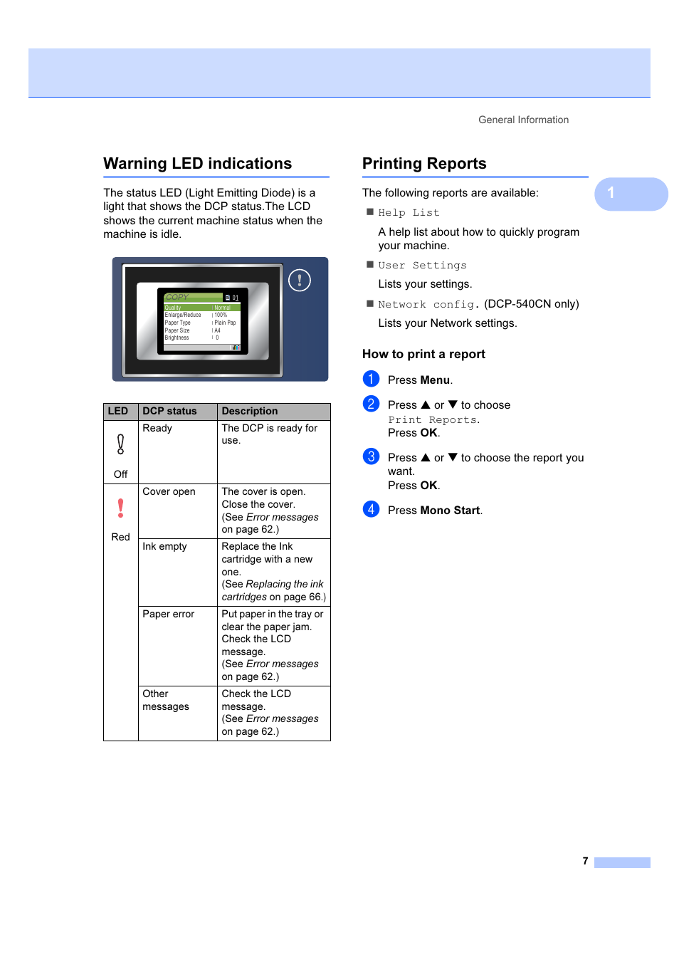 Warning led indications, Printing reports, How to print a report | Warning led indications printing reports, 1warning led indications | Brother DCP-540CN User Manual | Page 13 / 105