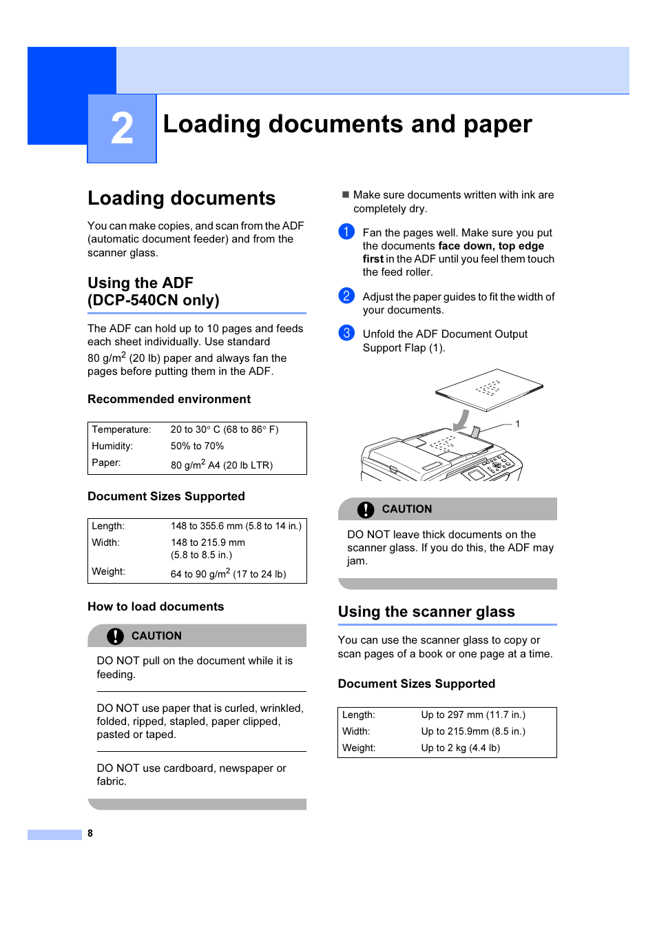 2 loading documents and paper, Loading documents, Using the adf (dcp-540cn only) | Recommended environment, Document sizes supported, How to load documents, Using the scanner glass, Loading documents and paper, Using the adf, Dcp-540cn only) | Brother DCP-540CN User Manual | Page 14 / 105