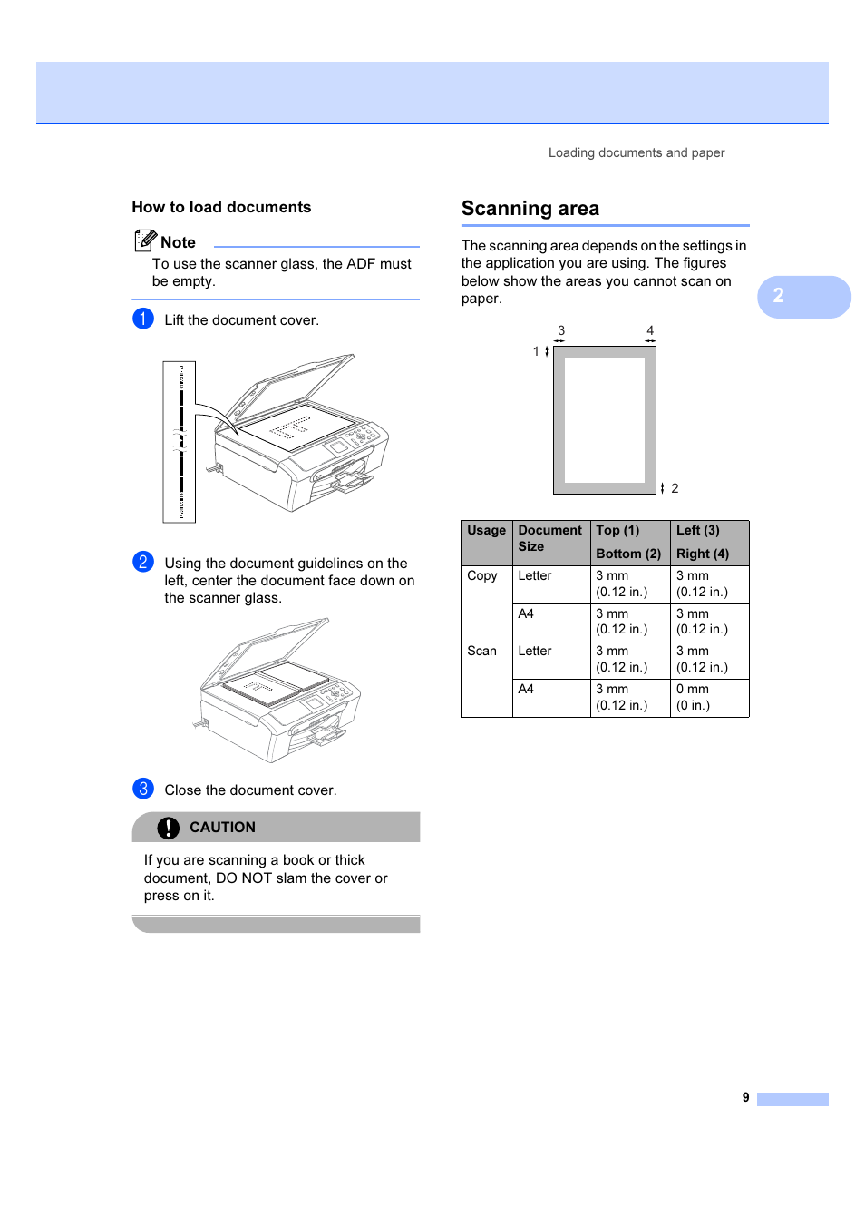 How to load documents, Scanning area | Brother DCP-540CN User Manual | Page 15 / 105