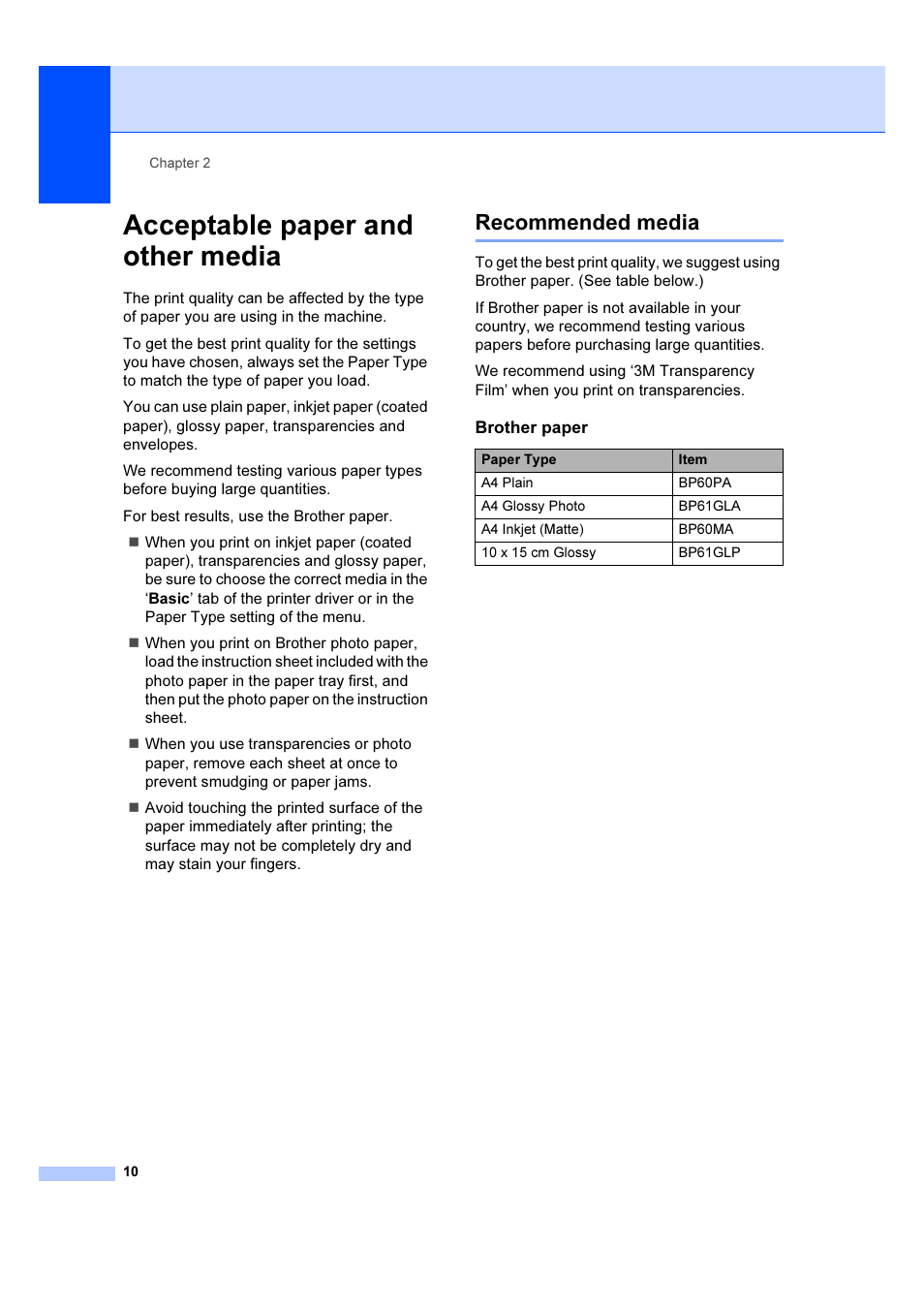 Acceptable paper and other media, Recommended media | Brother DCP-540CN User Manual | Page 16 / 105