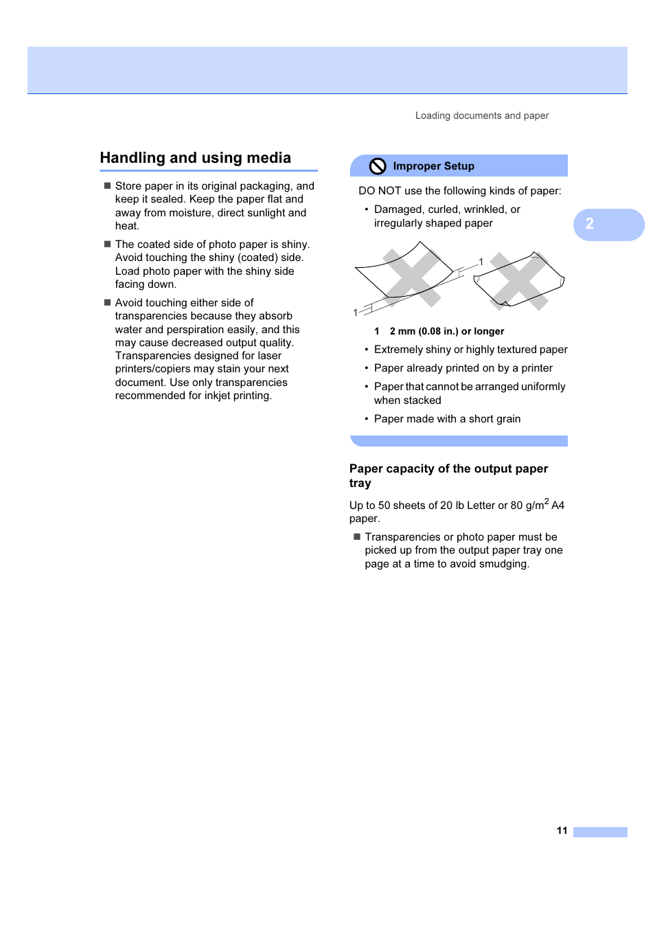 Handling and using media, Paper capacity of the output paper tray, 2handling and using media | Brother DCP-540CN User Manual | Page 17 / 105