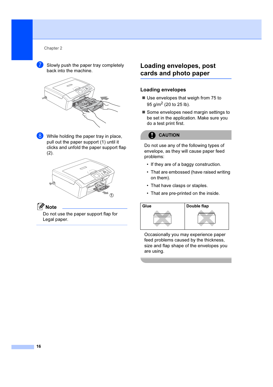 Loading envelopes, post cards and photo paper, Loading envelopes | Brother DCP-540CN User Manual | Page 22 / 105
