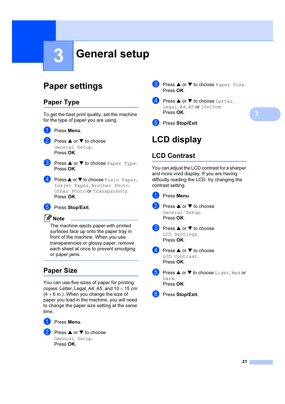 3 general setup, Paper settings, Paper type | Paper size, Lcd display, Lcd contrast, General setup, Paper type paper size | Brother DCP-540CN User Manual | Page 27 / 105