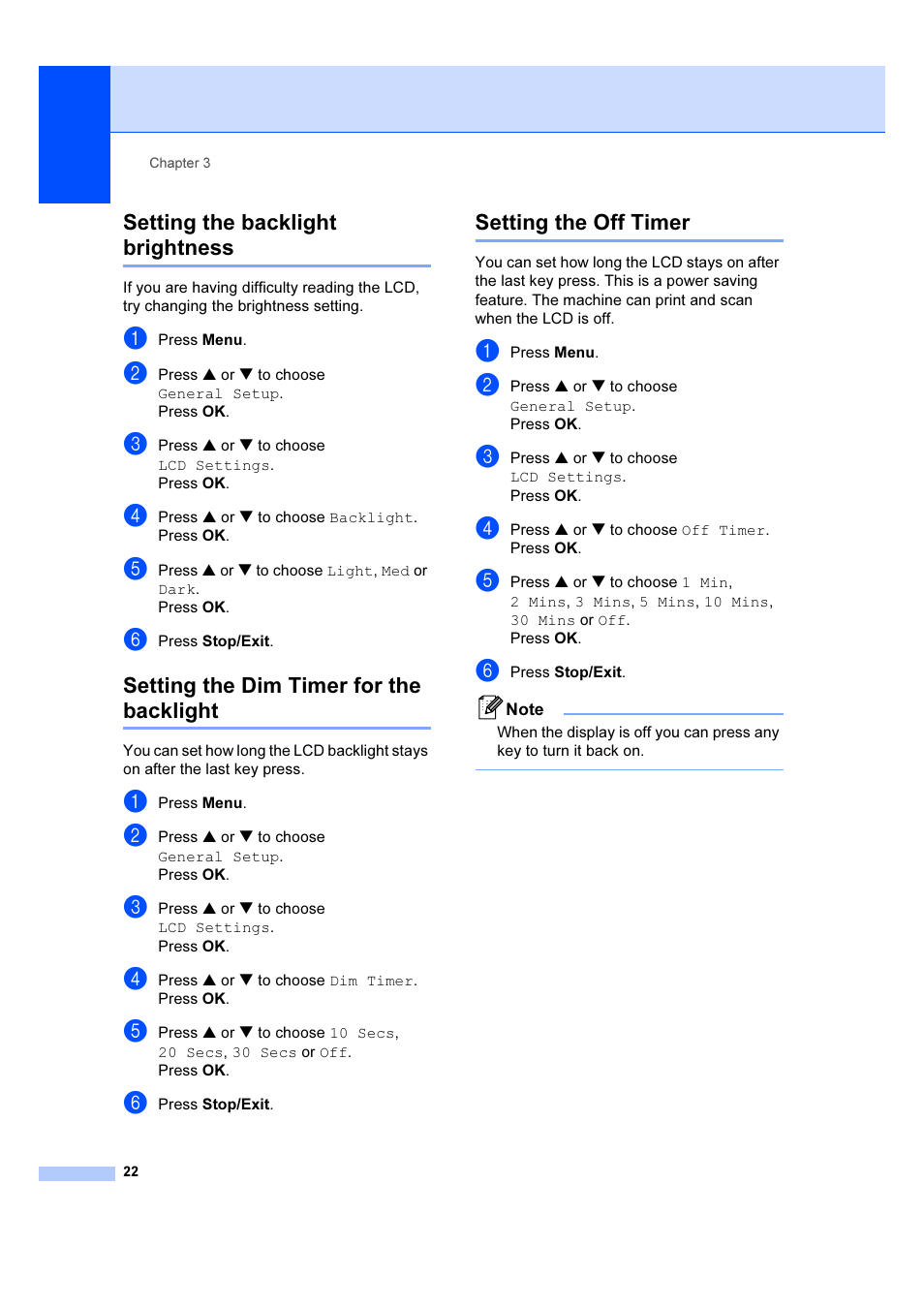 Setting the backlight brightness, Setting the dim timer for the backlight, Setting the off timer | Brother DCP-540CN User Manual | Page 28 / 105