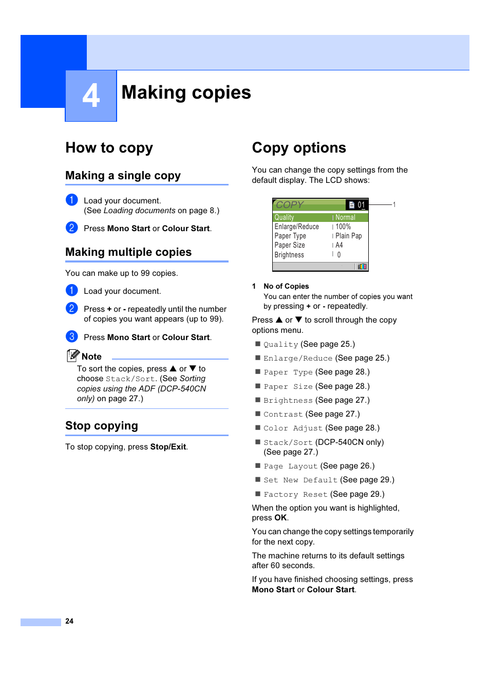 4 making copies, How to copy, Making a single copy | Making multiple copies, Stop copying, Copy options, Making copies | Brother DCP-540CN User Manual | Page 30 / 105