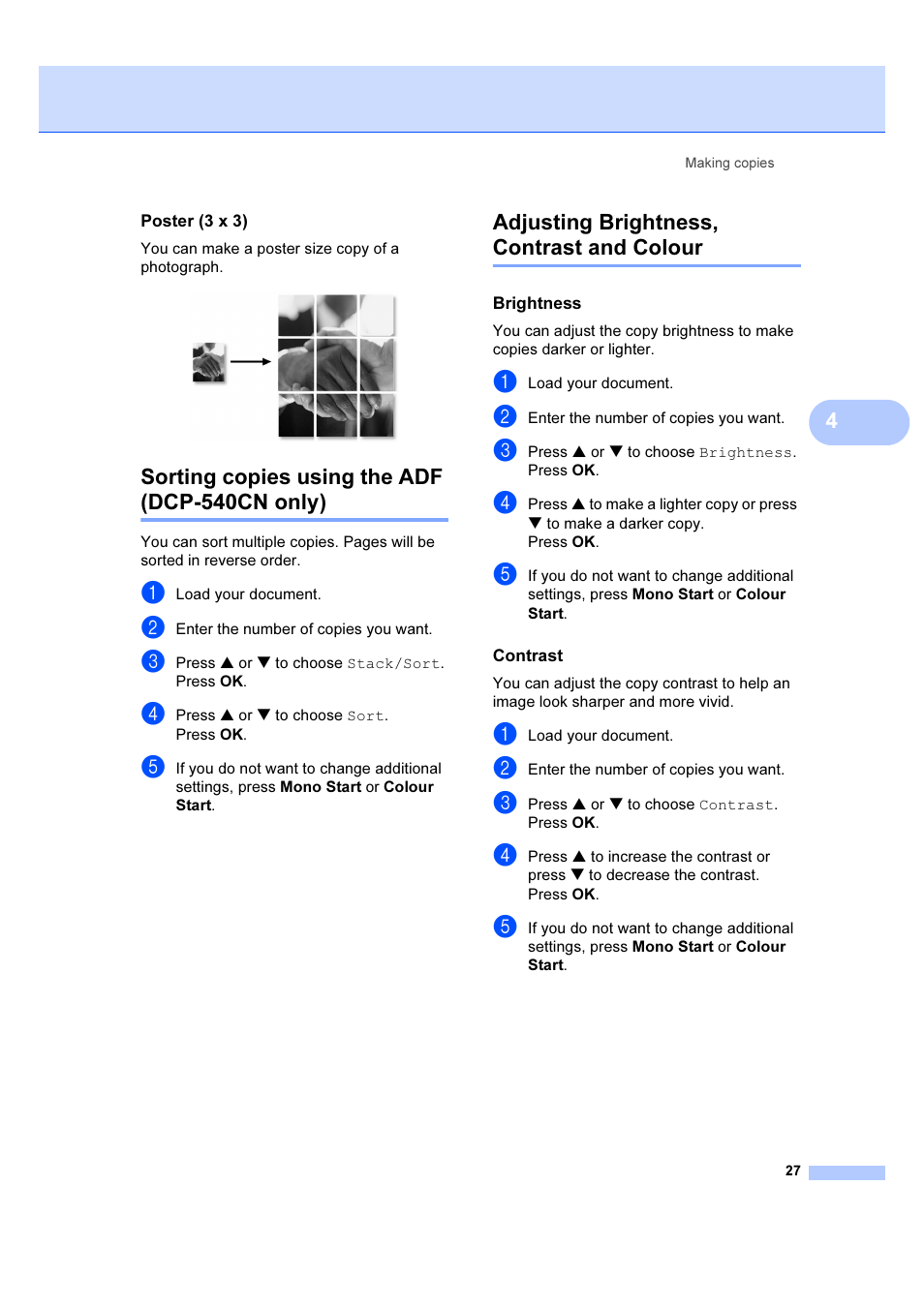 Poster (3 x 3), Sorting copies using the adf (dcp-540cn only), Adjusting brightness, contrast and colour | Brightness, Contrast | Brother DCP-540CN User Manual | Page 33 / 105