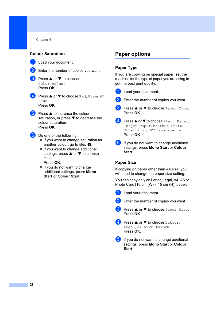 Colour saturation, Paper options, Paper type | Paper size | Brother DCP-540CN User Manual | Page 34 / 105