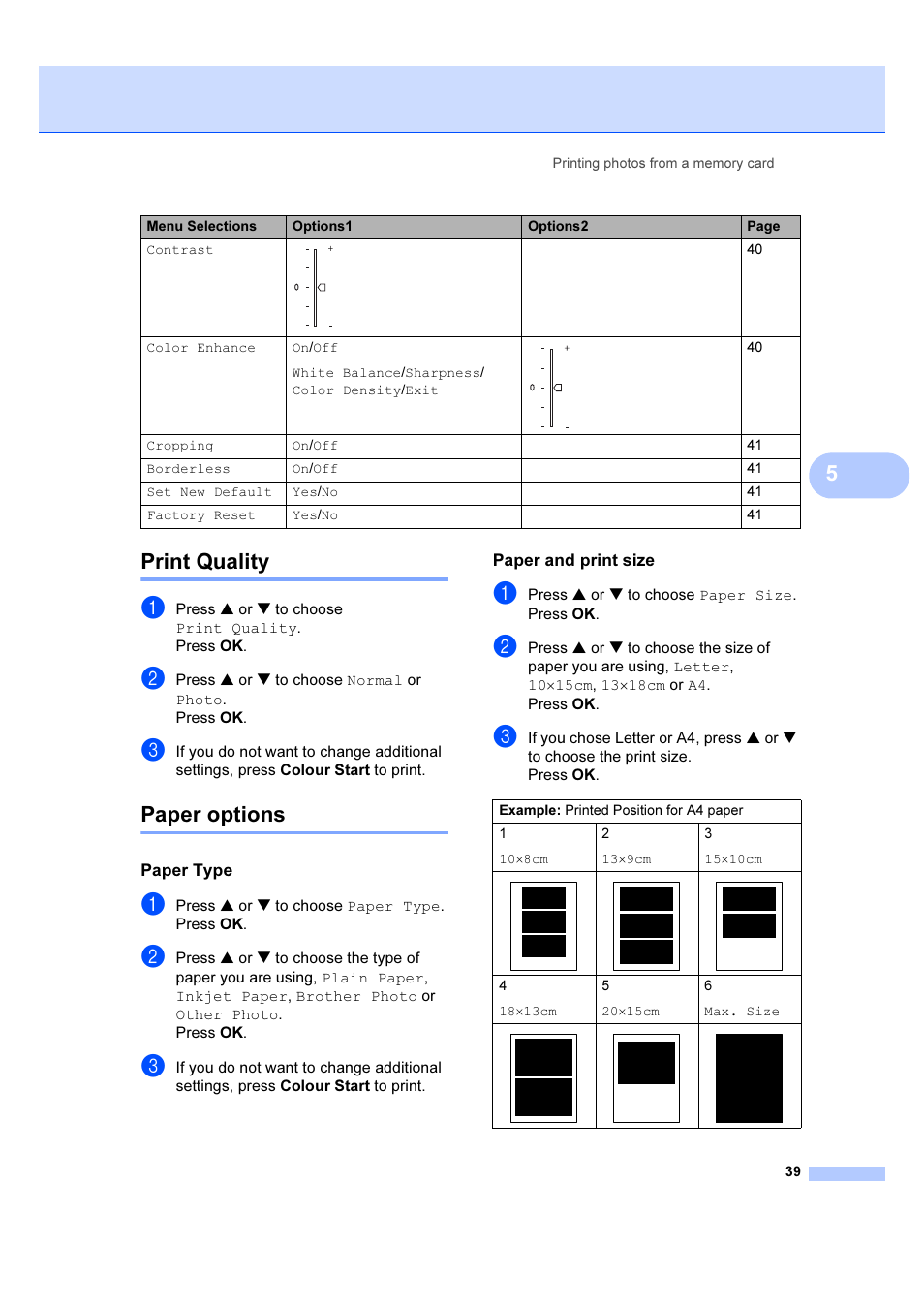 Print quality, Paper options, Paper type | Paper and print size, Print quality paper options, 5print quality | Brother DCP-540CN User Manual | Page 45 / 105