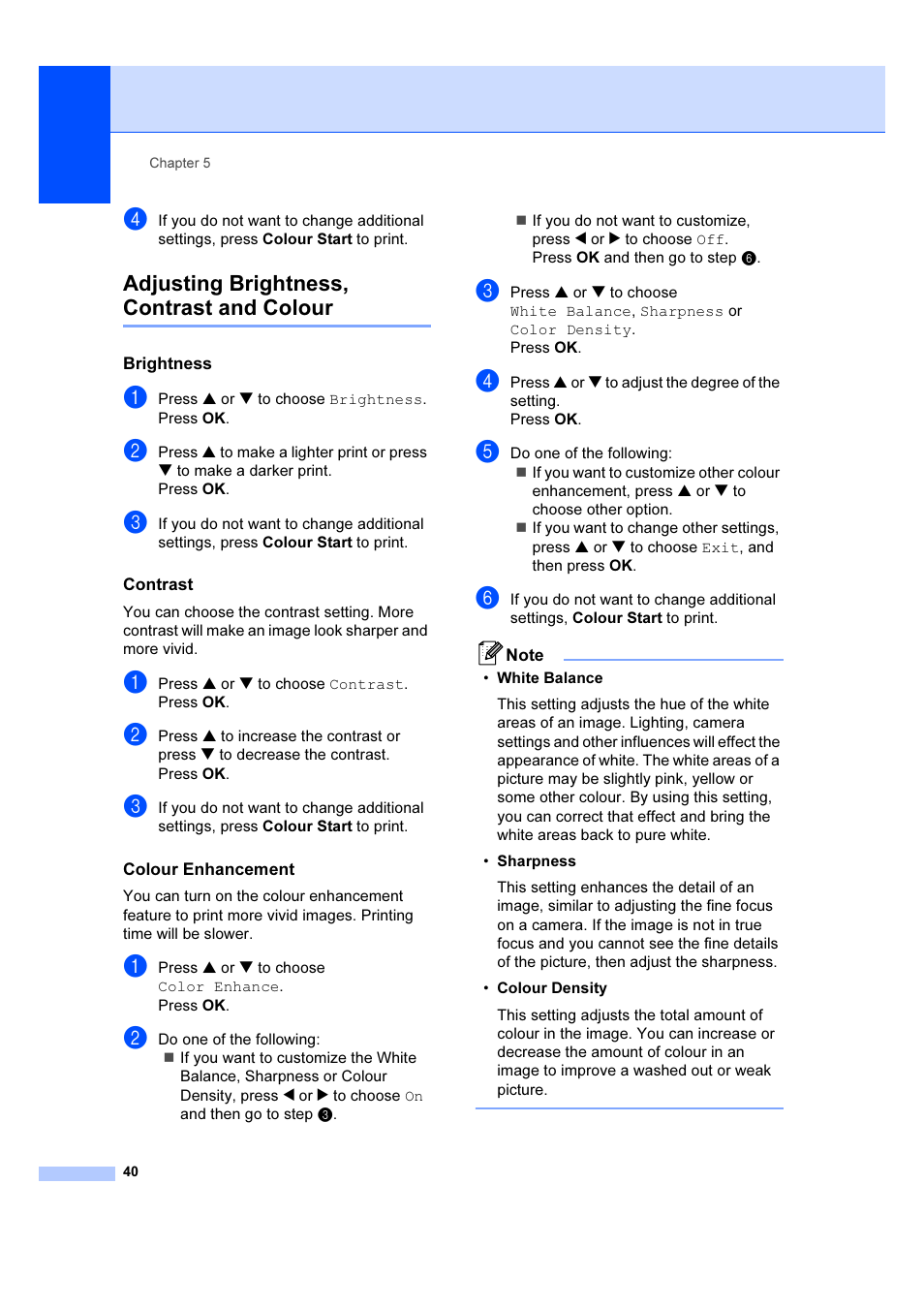 Adjusting brightness, contrast and colour, Brightness, Contrast | Colour enhancement | Brother DCP-540CN User Manual | Page 46 / 105