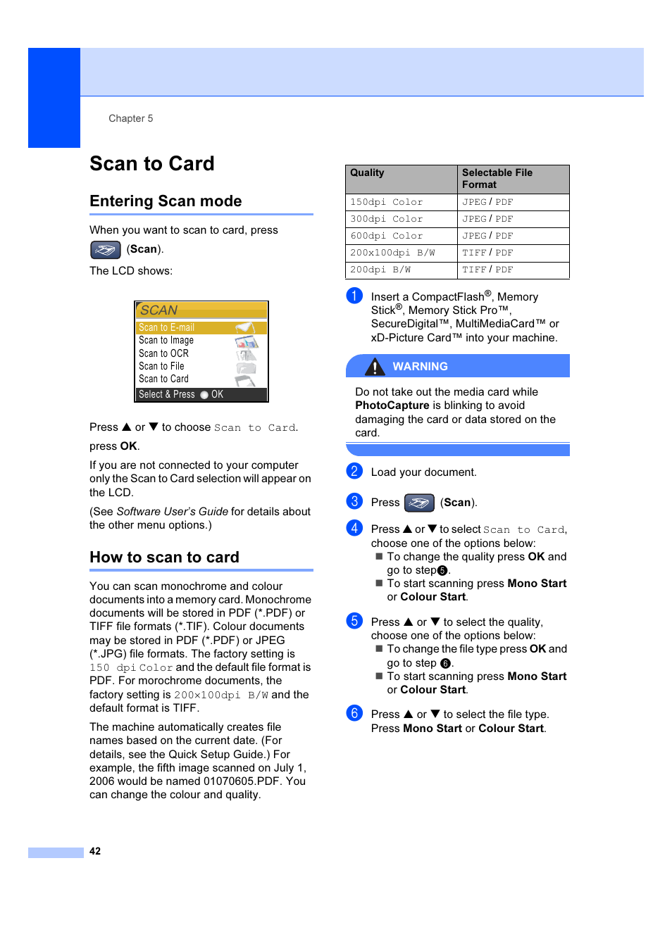 Scan to card, Entering scan mode, How to scan to card | Entering scan mode how to scan to card | Brother DCP-540CN User Manual | Page 48 / 105