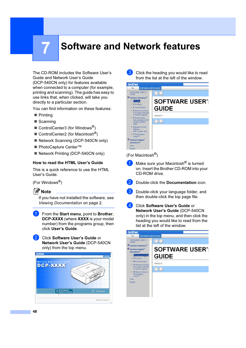7 software and network features, Software and network features | Brother DCP-540CN User Manual | Page 54 / 105