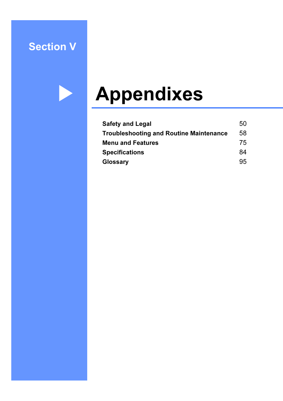 Section v appendixes, Appendixes | Brother DCP-540CN User Manual | Page 55 / 105