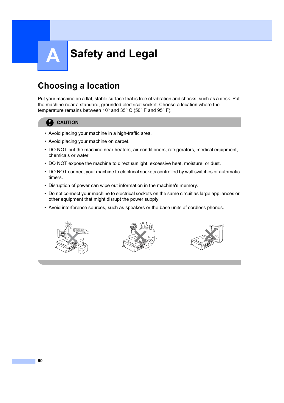 A safety and legal, Choosing a location, Safety and legal | Brother DCP-540CN User Manual | Page 56 / 105