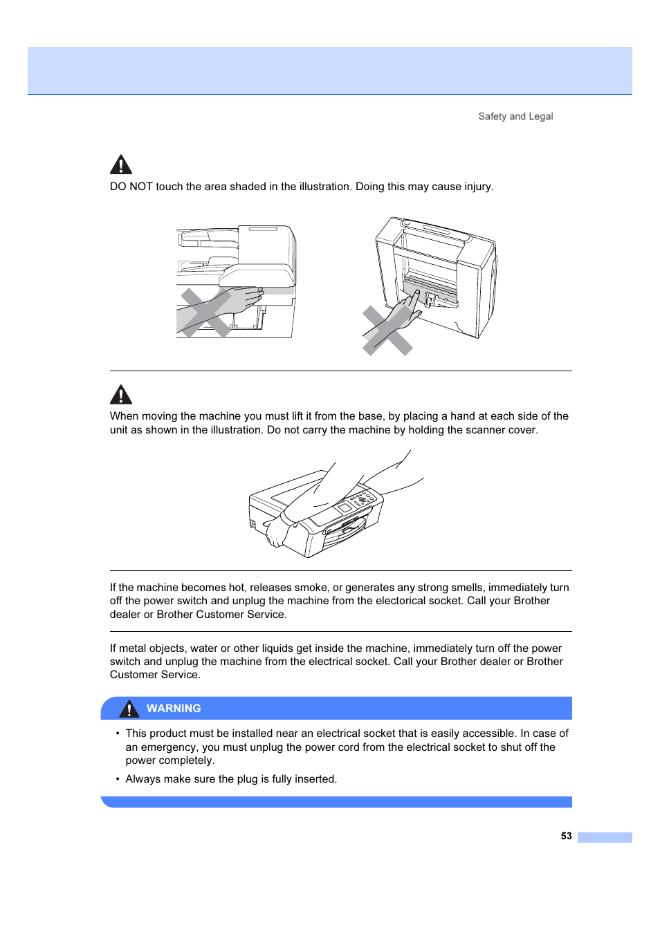 Warning, Safety and legal 53 | Brother DCP-540CN User Manual | Page 59 / 105