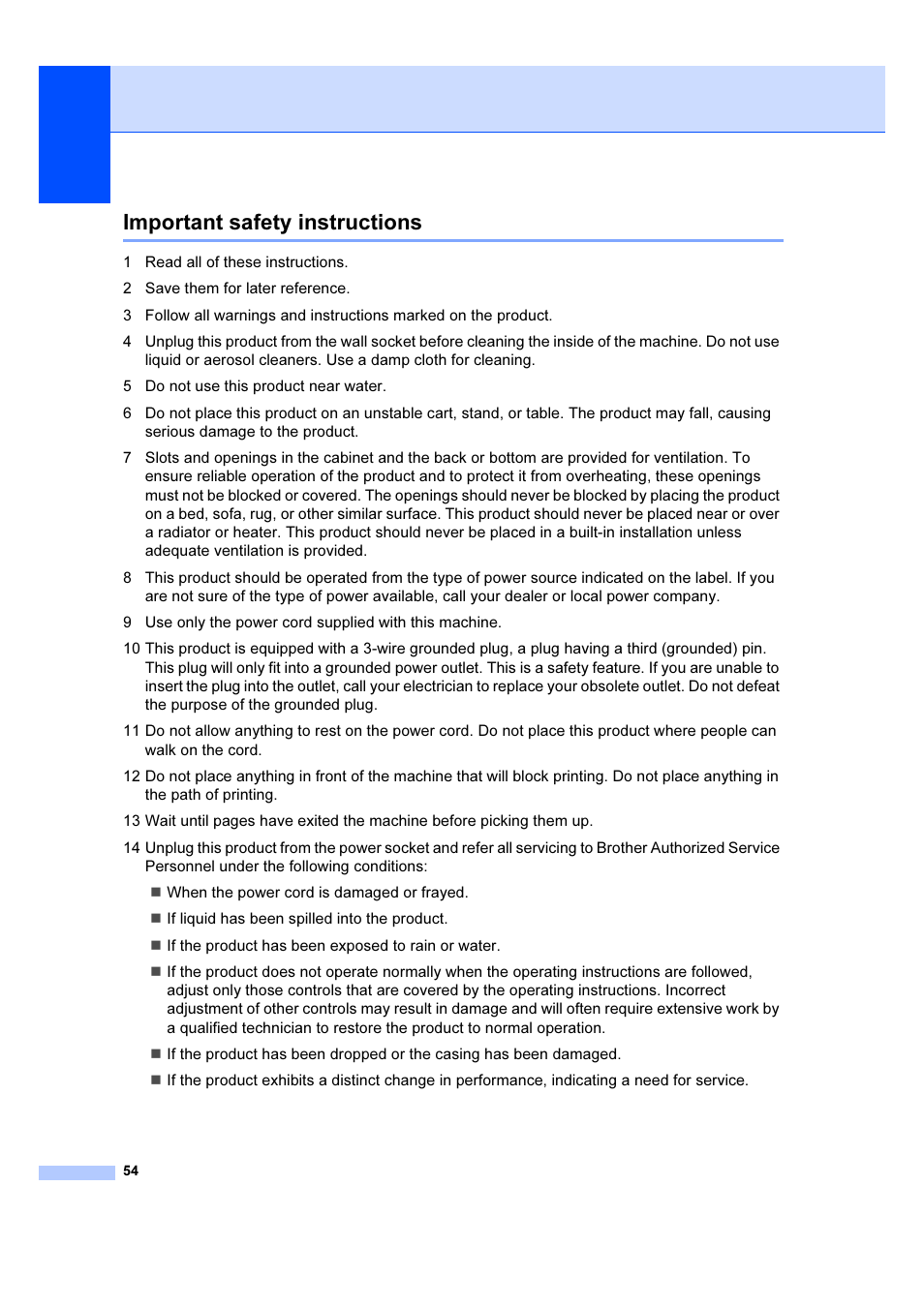 Important safety instructions | Brother DCP-540CN User Manual | Page 60 / 105