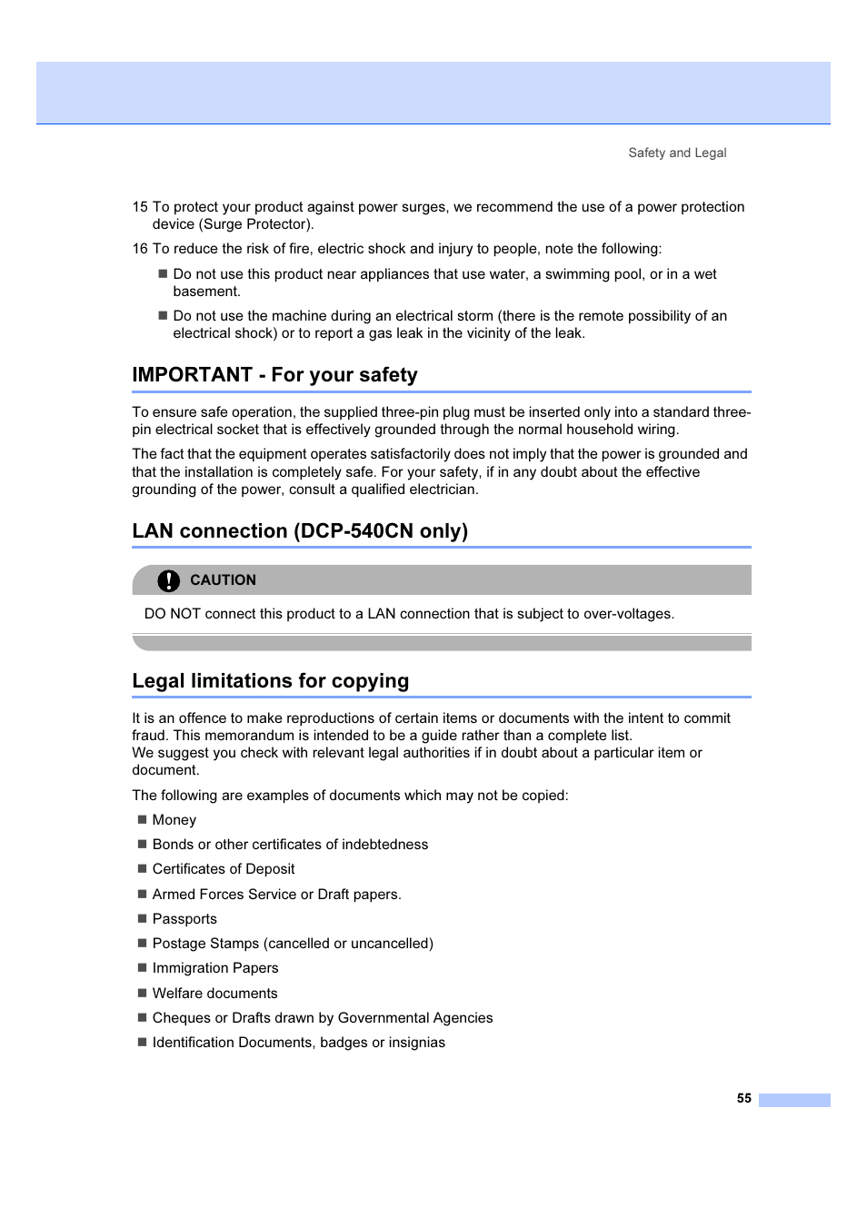 Important - for your safety, Lan connection (dcp-540cn only), Legal limitations for copying | Brother DCP-540CN User Manual | Page 61 / 105