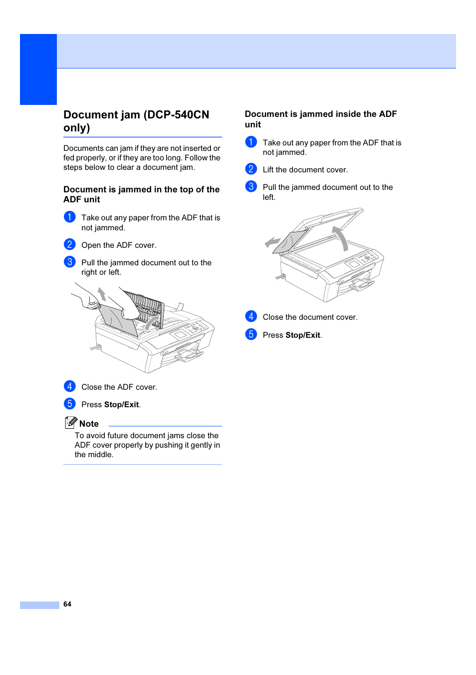 Document jam (dcp-540cn only), Document is jammed in the top of the adf unit, Document is jammed inside the adf unit | Brother DCP-540CN User Manual | Page 70 / 105