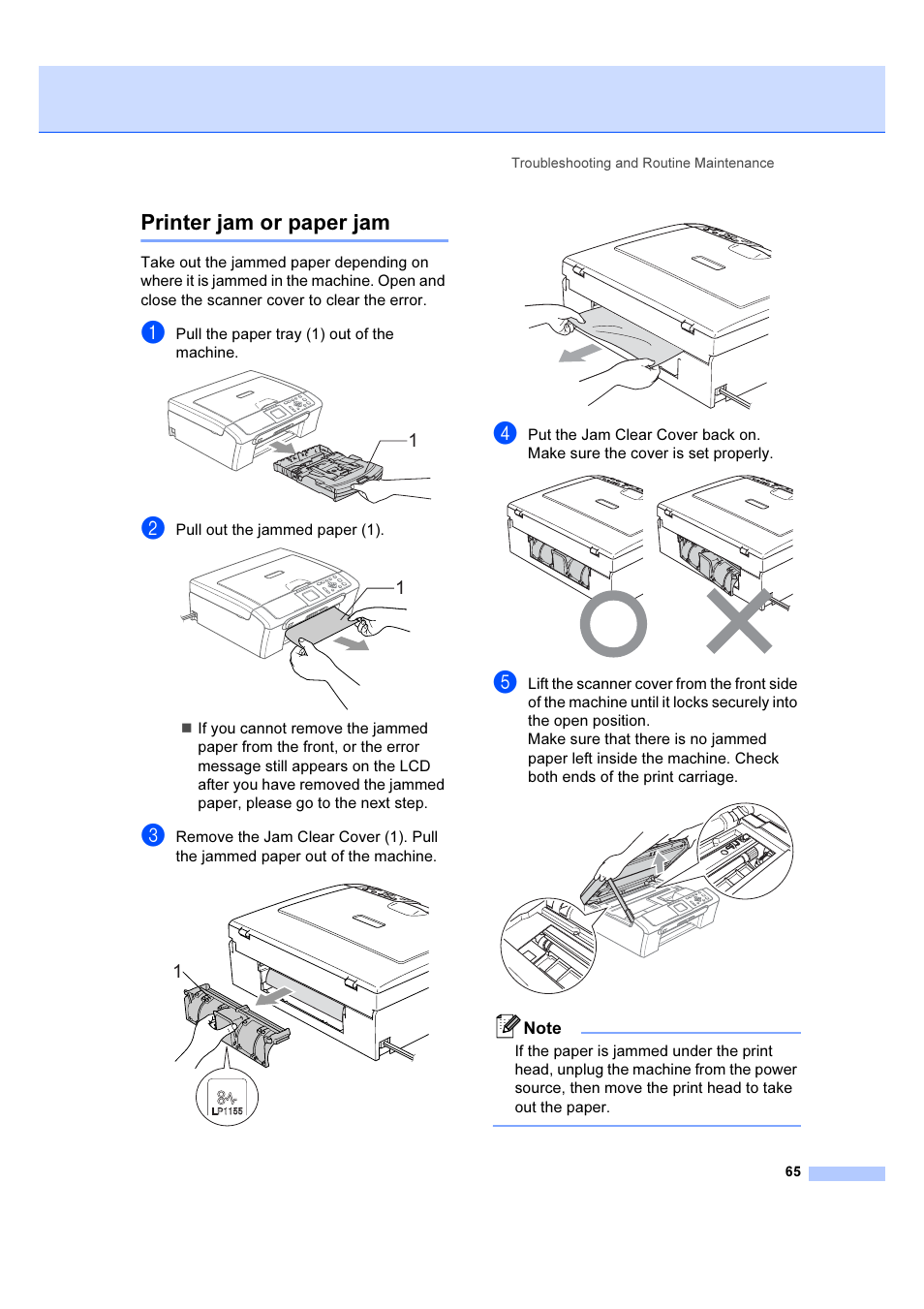 Printer jam or paper jam | Brother DCP-540CN User Manual | Page 71 / 105