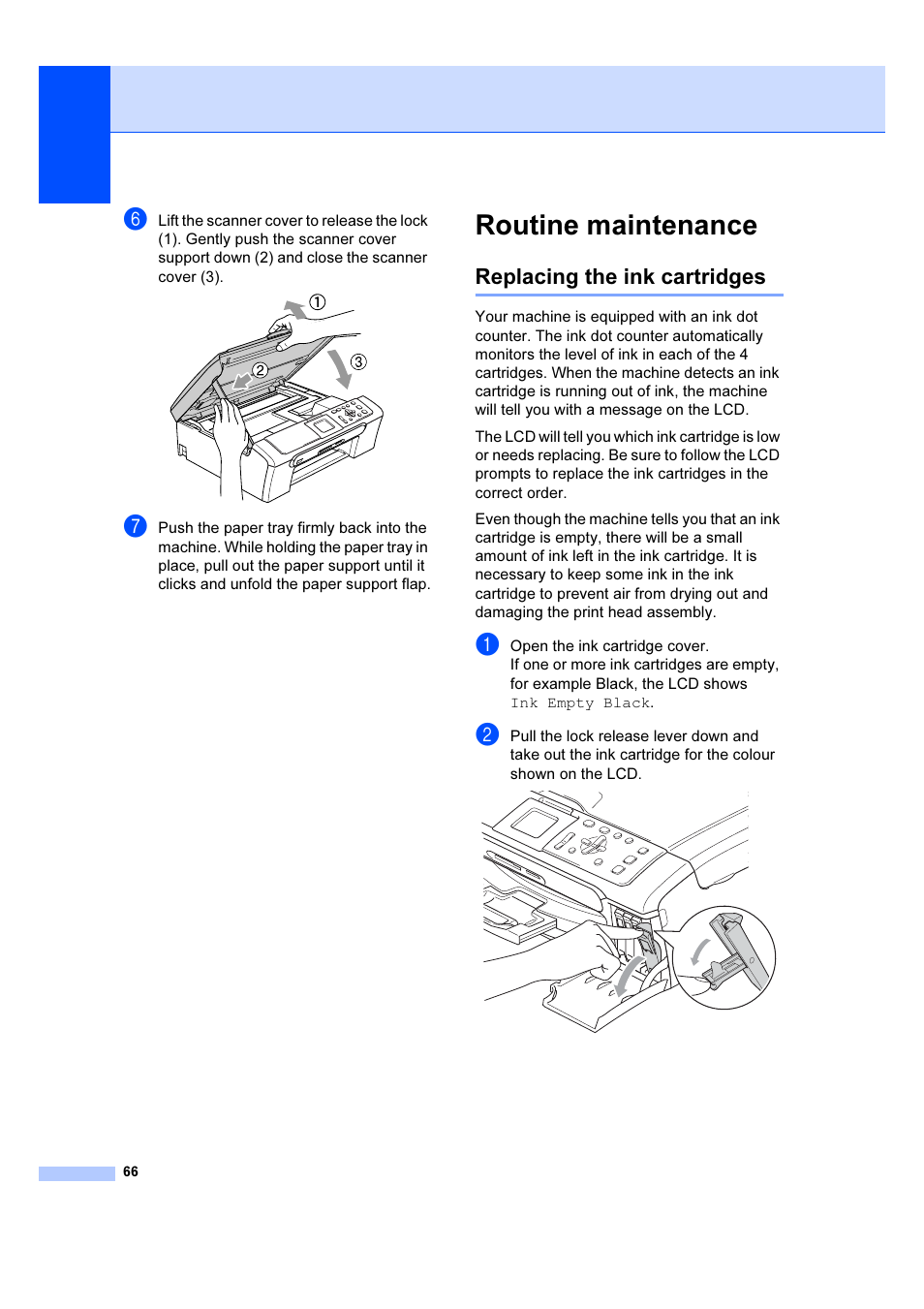 Routine maintenance, Replacing the ink cartridges | Brother DCP-540CN User Manual | Page 72 / 105