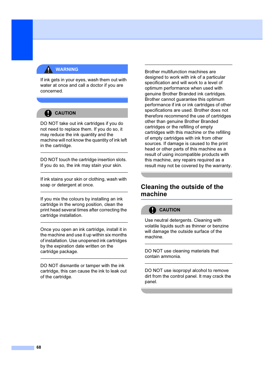 Cleaning the outside of the machine, Warning, Caution | Do not use cleaning materials that contain ammonia | Brother DCP-540CN User Manual | Page 74 / 105