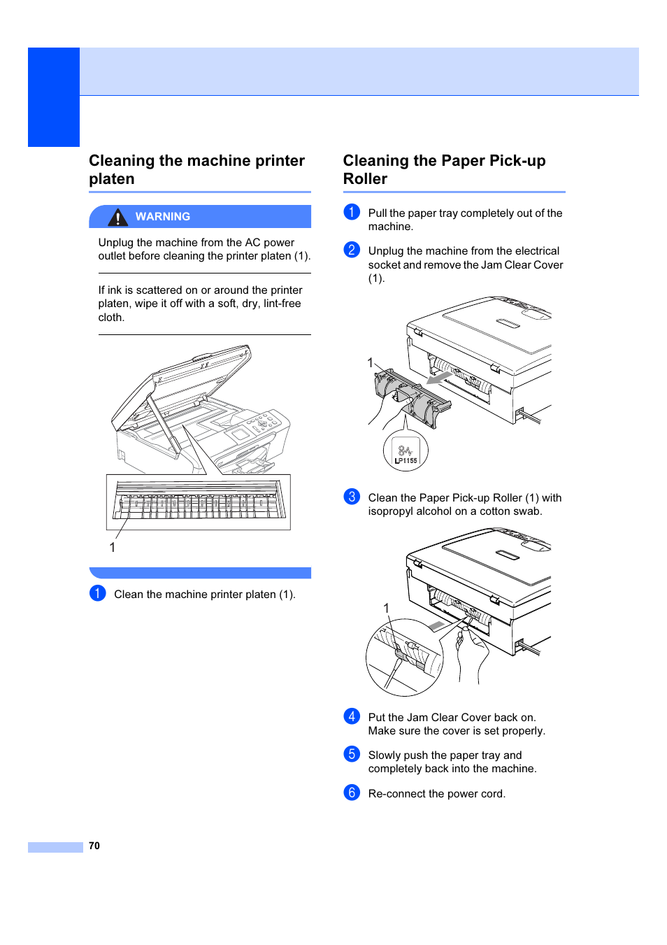 Cleaning the machine printer platen, Cleaning the paper pick-up roller | Brother DCP-540CN User Manual | Page 76 / 105