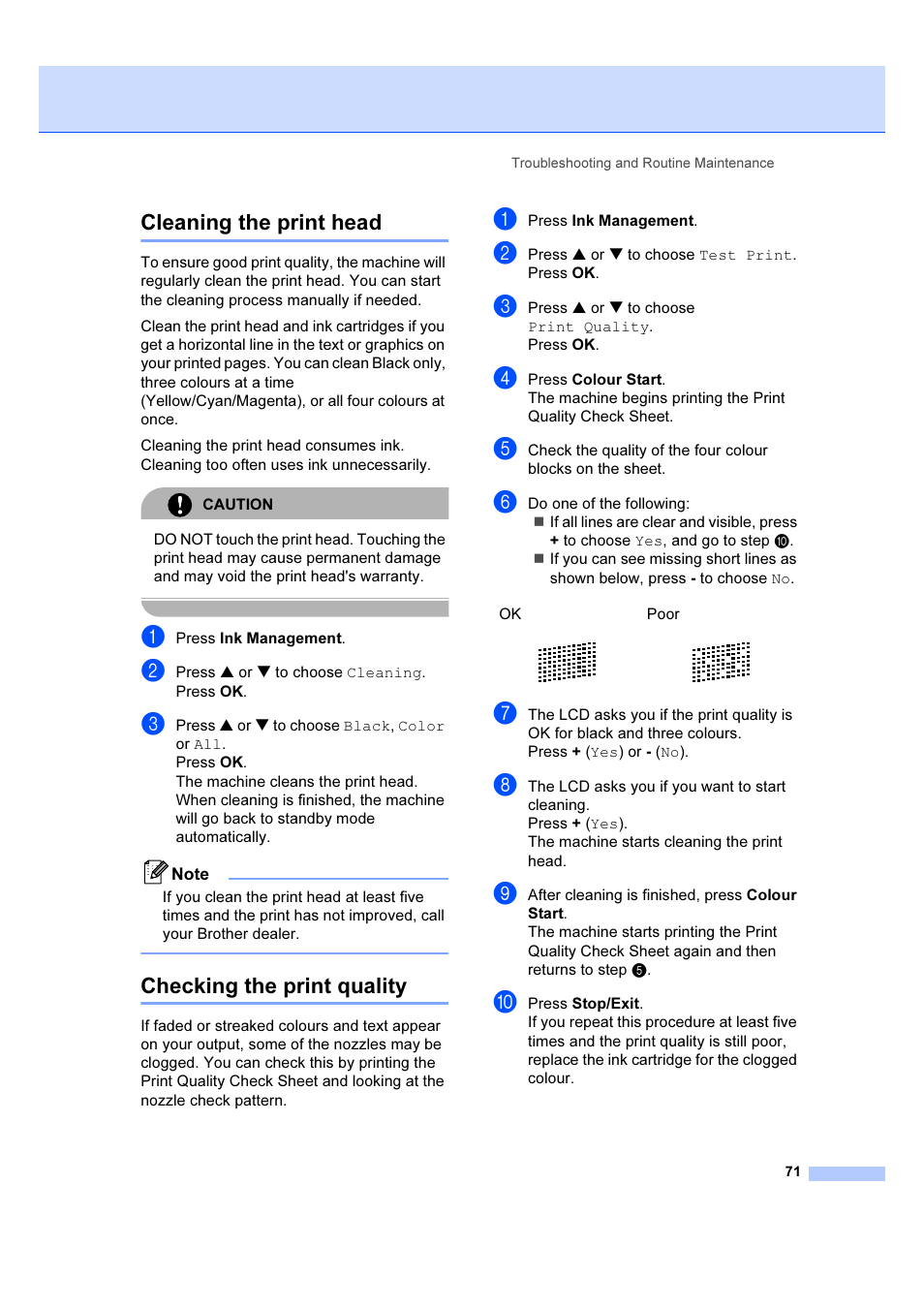 Cleaning the print head, Checking the print quality, Cleaning the print head checking the print quality | Brother DCP-540CN User Manual | Page 77 / 105