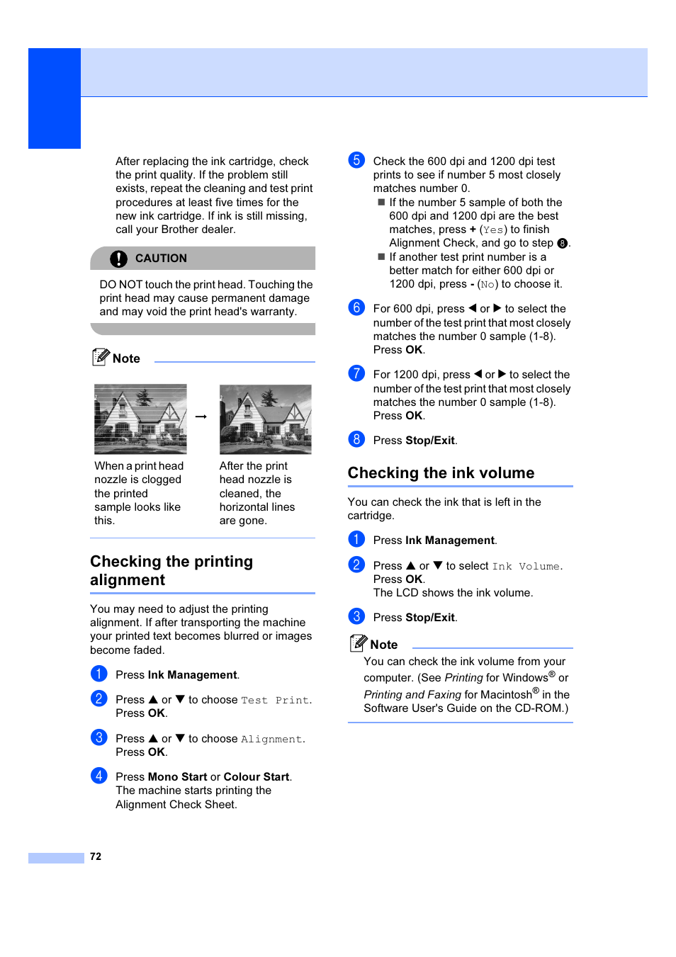 Checking the printing alignment, Checking the ink volume | Brother DCP-540CN User Manual | Page 78 / 105