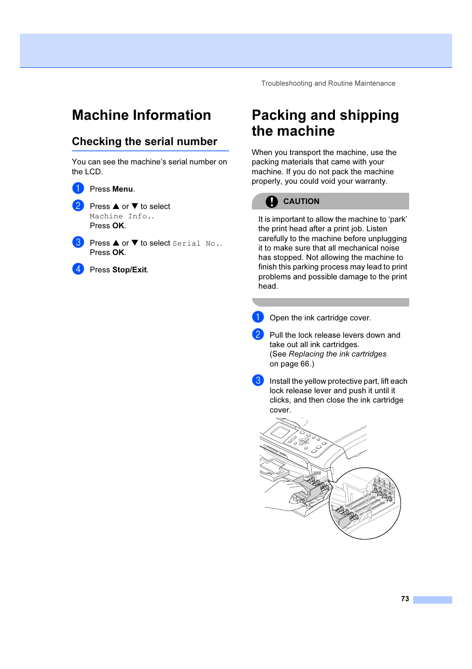 Machine information, Checking the serial number, Packing and shipping the machine | Brother DCP-540CN User Manual | Page 79 / 105